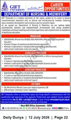 Newspaper clipping: GIFT University — Department of Nursing & Midwifery Faculty Vacancies (Professor to Lecturer), Dunya, 12 Jul 2026