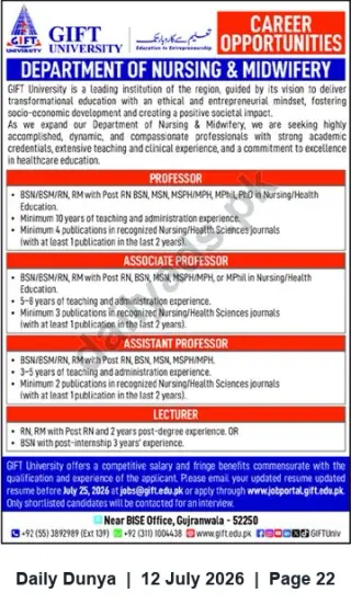 Newspaper clipping: GIFT University — Department of Nursing & Midwifery Faculty Vacancies (Professor to Lecturer), Dunya, 12 Jul 2026