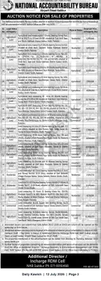 Newspaper clipping: NAB Sukkur Auction Notice for Sale of 19 Properties — 29 July 2026, Daily Kawish, 12 Jul 2026