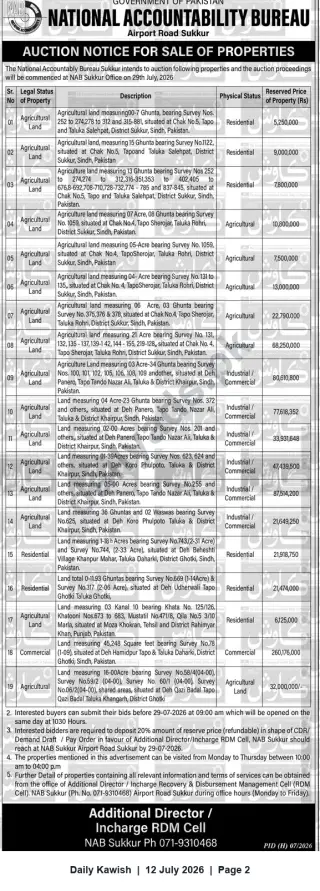 Newspaper clipping: NAB Sukkur Auction Notice for Sale of 19 Properties — 29 July 2026, Daily Kawish, 12 Jul 2026