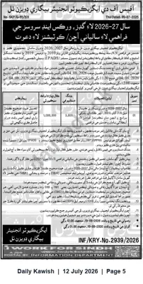 Newspaper clipping: Tender: Supply of Goods, Works & Services for 2026-27 — Office of the Executive Director, Unemployment Division (Dated 2026-07-09), Daily Kawish, 12 Jul 2026