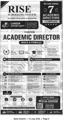 Newspaper clipping: Hiring: Academic Directors (7) — Rise Schooling System, Daily Kawish, 12 Jul 2026