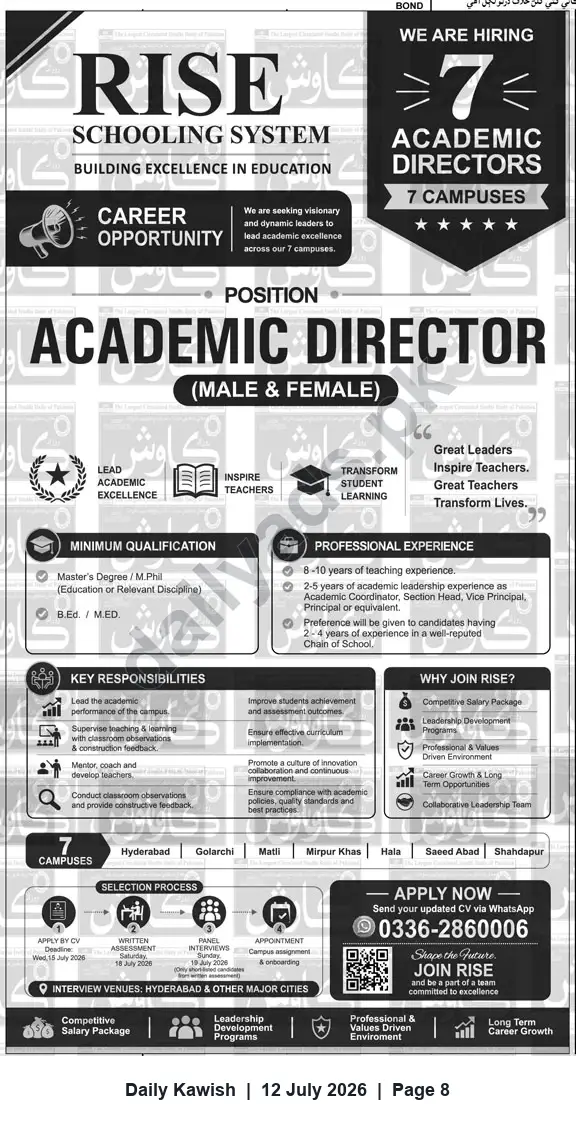 Newspaper clipping: Hiring: Academic Directors (7) — Rise Schooling System, Daily Kawish, 12 Jul 2026