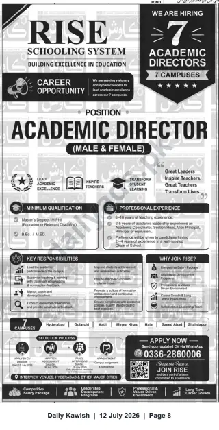Newspaper clipping: Hiring: Academic Directors (7) — Rise Schooling System, Daily Kawish, Sunday, 12 July 2026