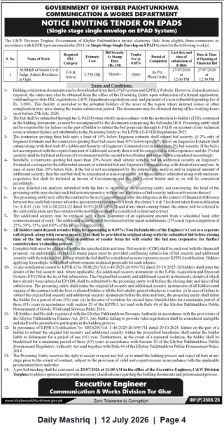 Newspaper clipping: Tender for AOM&R of Senior Civil Judge Admin Residence at Oghi — C&W Division Torghar (E-PAD), Daily Mashriq, 12 Jul 2026