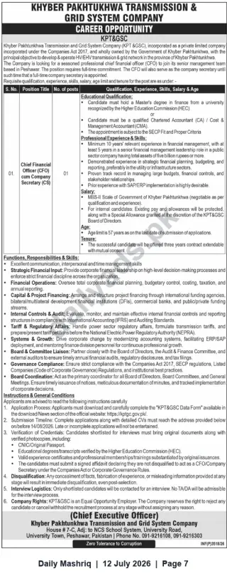 Newspaper clipping: Khyber Pakhtunkhwa Transmission & Grid System Company — Chief Financial Officer (CFO) cum Company Secretary (1 post), Daily Mashriq, 12 Jul 2026