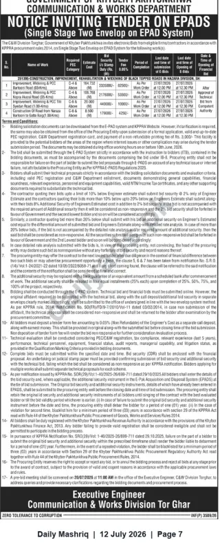 Newspaper clipping: Tender Notice: C&W Division Torghar — Road Construction, Improvement & Rehabilitation Works (EPAD System), Daily Mashriq, 12 Jul 2026