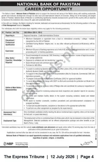 Newspaper clipping: National Bank of Pakistan – CAD Officer (Credit Administration Division), The Express Tribune, 12 Jul 2026