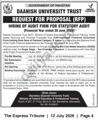 Newspaper clipping: Daanish University Trust RFP: Hiring of Audit Firm for Statutory Audit (FY ended 30 June 2026), The Express Tribune, 12 Jul 2026
