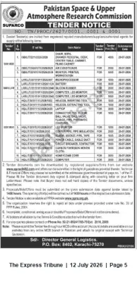 Newspaper clipping: SUPARCO Tender Notice TN/PROC/2627 – Multiple Supply Contracts, The Express Tribune, 12 Jul 2026
