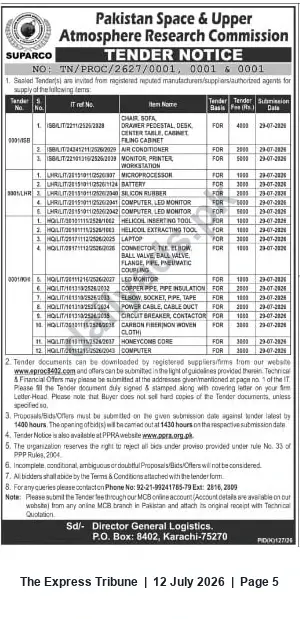 Newspaper clipping: SUPARCO Tender Notice TN/PROC/2627 – Multiple Supply Contracts, The Express Tribune, 12 Jul 2026