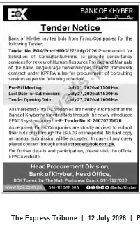 Newspaper clipping: Bank of Khyber Tender: Consultancy for Review of Human Resource Policies and Manuals (July 2026), The Express Tribune, 12 Jul 2026