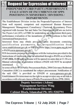 Newspaper clipping: EOI: Independent (3rd-Party) Performance Evaluation of SPPS Incumbents — Establishment Division, The Express Tribune, 12 Jul 2026