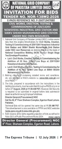Newspaper clipping: NGCP Invitation for Bids: Civil Works, Erection, Testing & Commissioning at Nowshera Industrial and Sheikh Muhammad Grid Stations (Tender NOC-138W2-2026), The Express Tribune, 12 Jul 2026