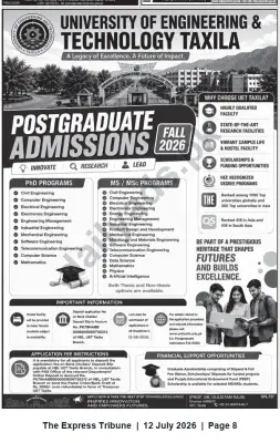 Newspaper clipping: UET Taxila Postgraduate Admissions Fall 2026 — PhD & MS/MSc Programs, The Express Tribune, 12 Jul 2026