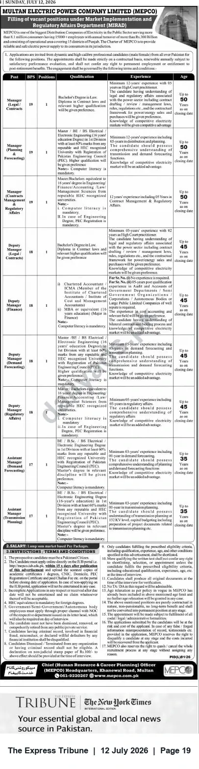Newspaper clipping: MEPCO Vacancies — Market Implementation & Regulatory Affairs (MIRAD) Positions, The Express Tribune, 12 Jul 2026