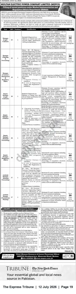 Newspaper clipping: MEPCO Vacancies — Market Implementation & Regulatory Affairs (MIRAD) Positions, The Express Tribune, 12 Jul 2026