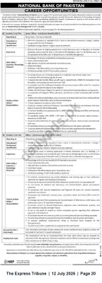 Newspaper clipping: National Bank of Pakistan — Officers (End-Service & Service Benefits) Careers, The Express Tribune, 12 Jul 2026