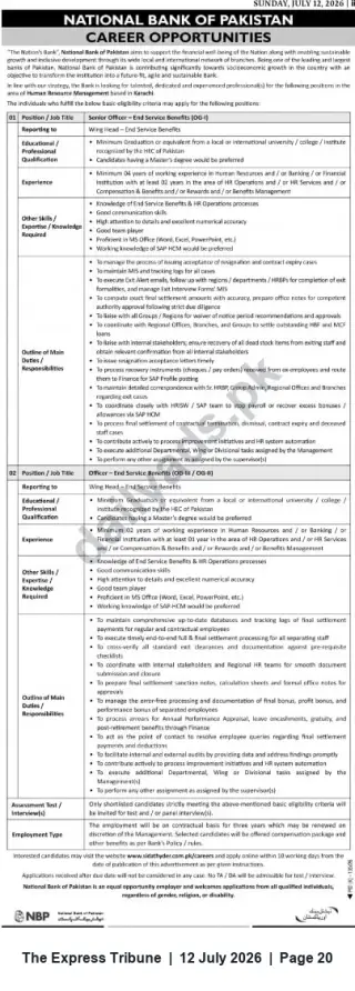 Newspaper clipping: National Bank of Pakistan — Officers (End-Service & Service Benefits) Careers, The Express Tribune, 12 Jul 2026