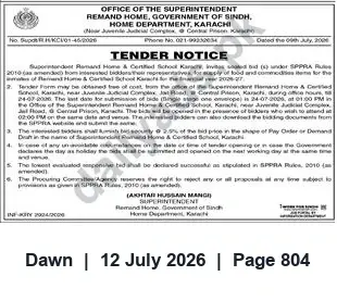 Newspaper clipping: Tender: Supply of Food & Commodities for Remand Home Karachi — Home Department, Government of Sindh, Dawn, 12 Jul 2026