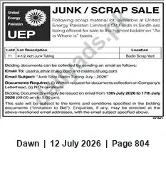 Newspaper clipping: United Energy Pakistan Ltd. Junk / Scrap Sale — Bids Invited for Sindh Oilfields, Dawn, 12 Jul 2026