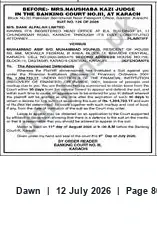 Newspaper clipping: Hearing Before Mrs. Haushaba Kazi — Banking Court, Karachi, Dawn, 12 Jul 2026