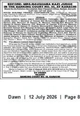 Newspaper clipping: Banking Court No. II Karachi Public Notice, Dawn, 12 Jul 2026