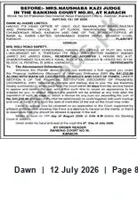 Newspaper clipping: Court Notice: Before Mrs. Naushaba Kazi — Banking Court, Karachi, Dawn, 12 Jul 2026