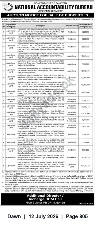 Newspaper clipping: NAB Sukkur Auction: Sale of Seized Properties — Auction 2020-07-29, Dawn, 12 Jul 2026