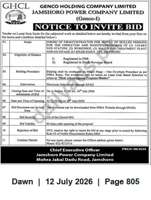 Newspaper clipping: Jamshoro Power Company Limited — Invitation to Bid for Supply of Skilled Personnel, Dawn, 12 Jul 2026