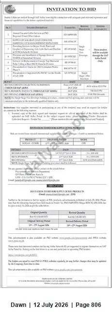 Newspaper clipping: Invitation to Bid — Multiple Packages including Supply of POL Products, Dawn, 12 Jul 2026