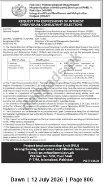 Newspaper clipping: PMD / IFRAP – Request for Expressions of Interest for Individual Consultants (PIU, Hydromet & Climate Services), Dawn, 12 Jul 2026