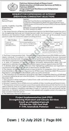 Newspaper clipping: PMD / IFRAP – Request for Expressions of Interest for Individual Consultants (PIU, Hydromet & Climate Services), Dawn, 12 Jul 2026
