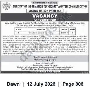 Newspaper clipping: Vacancy: Director Internet Governance (Contract) — Ministry of IT & Telecom, Pakistan, Dawn, 12 Jul 2026