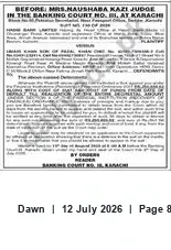 Newspaper clipping: Family Court No.1 Karachi Notice — Appearance/Response Required, Dawn, 12 Jul 2026