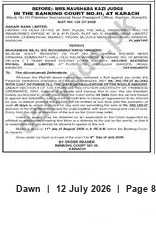 Newspaper clipping: Banking Court No.11 Karachi — Before Hausha Kazi, Judge, Dawn, 12 Jul 2026
