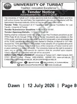 Newspaper clipping: University of Turbat Tender Notice — Advertisement No. 122, Dawn, 12 Jul 2026