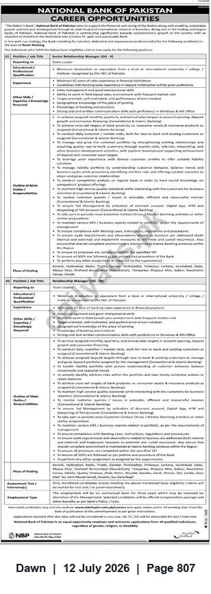 Newspaper clipping: National Bank of Pakistan — Retail Relationship Manager & Retail Banking Vacancies, Dawn, 12 Jul 2026