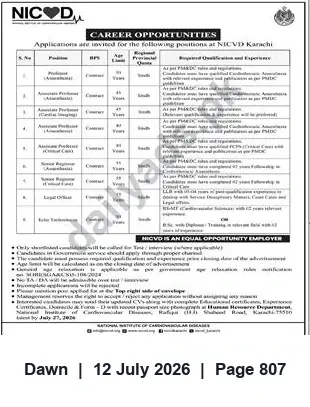 Newspaper clipping: NICVD Karachi — Faculty, Clinical and Technical Job Opportunities, Dawn, 12 Jul 2026