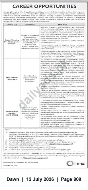 Newspaper clipping: Career Opportunities at Leading Public Sector Utility Company — Deputy MD, CFO & Senior General Manager (Legal & AQC), Dawn, 12 Jul 2026