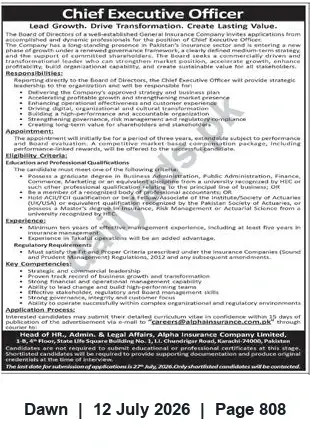 Newspaper clipping: Chief Executive Officer Vacancy — Alpha Insurance Company Limited, Dawn, 12 Jul 2026