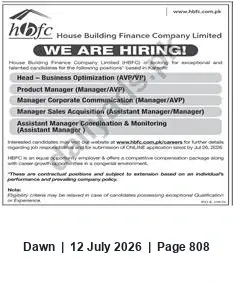 Newspaper clipping: HBFC Hiring — AVP/Manager & Assistant Manager Positions, Dawn, 12 Jul 2026