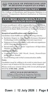 Newspaper clipping: CPSP Hiring Course Coordinator (Karachi) for Advanced & Basic Courses, Dawn, 12 Jul 2026