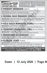 Newspaper clipping: Multinational Pharmaceutical Company Hiring Sales, Marketing and Support Staff, Dawn, 12 Jul 2026