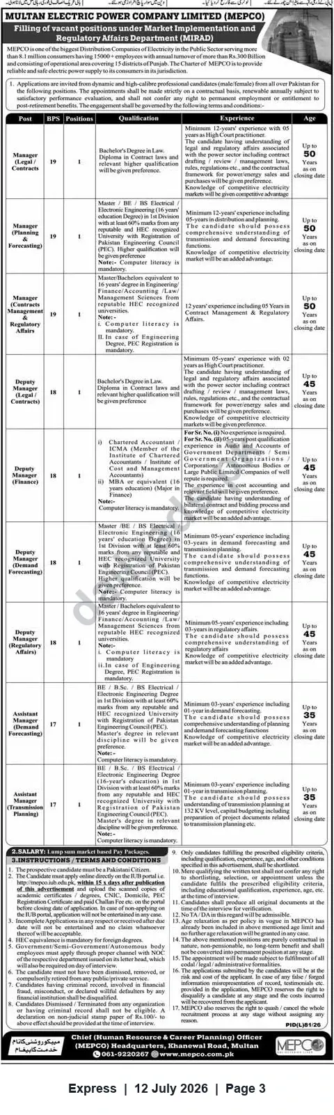 Newspaper clipping: MEPCO Careers — Market Implementation & Regulatory Affairs (MIRAD) Vacancies, Express, 12 Jul 2026