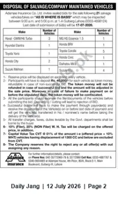 Newspaper clipping: Admajee Insurance Disposal / Auction of Salvage and Company-Maintained Vehicles — Inspection Deadline 2026-07-17, Jang, 12 Jul 2026
