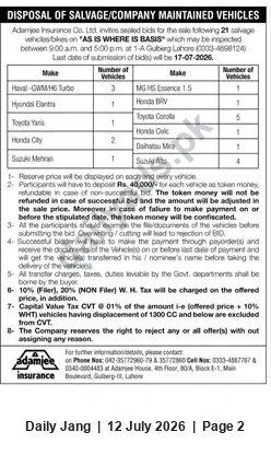 Newspaper clipping: Admajee Insurance Disposal / Auction of Salvage and Company-Maintained Vehicles — Inspection Deadline 2026-07-17, Jang, 12 Jul 2026