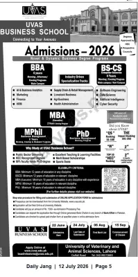 Newspaper clipping: UVAS Business School Admissions 2026 — BBA, BS-CS, MBA, MPhil & PhD, Jang, 12 Jul 2026