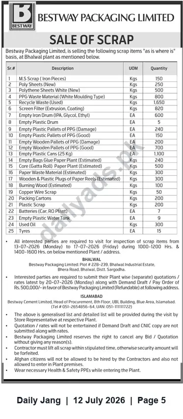 Newspaper clipping: Bestway Packaging Limited — Sale of Scrap (Bhalwal Plant), Jang, 12 Jul 2026