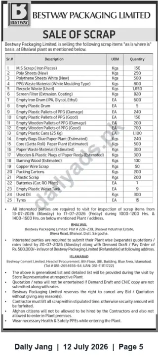 Newspaper clipping: Bestway Packaging Limited — Sale of Scrap (Bhalwal Plant), Jang, 12 Jul 2026